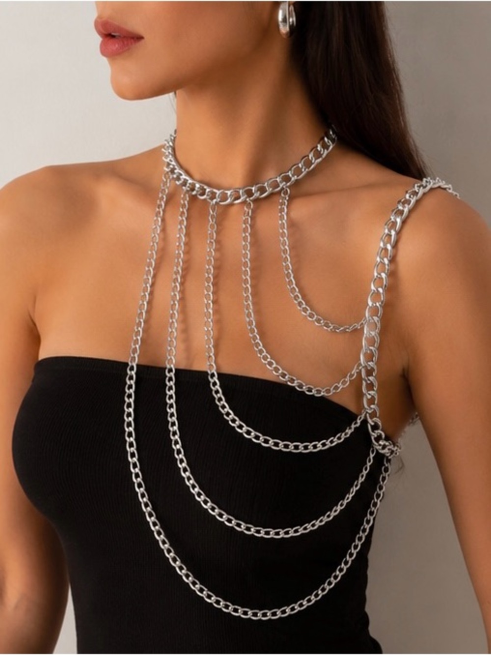Celestial Argent Silver Multi-Drape Chain Body Harness Necklace